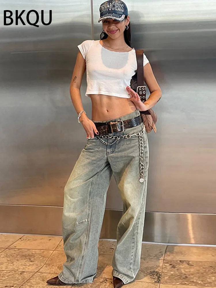 BKQU Harajuku Low Waist Jeans Women 2023 Streetwear Y2K Retro Wide Leg Straight All-match Loose Fashion Denim Trousers Vintage