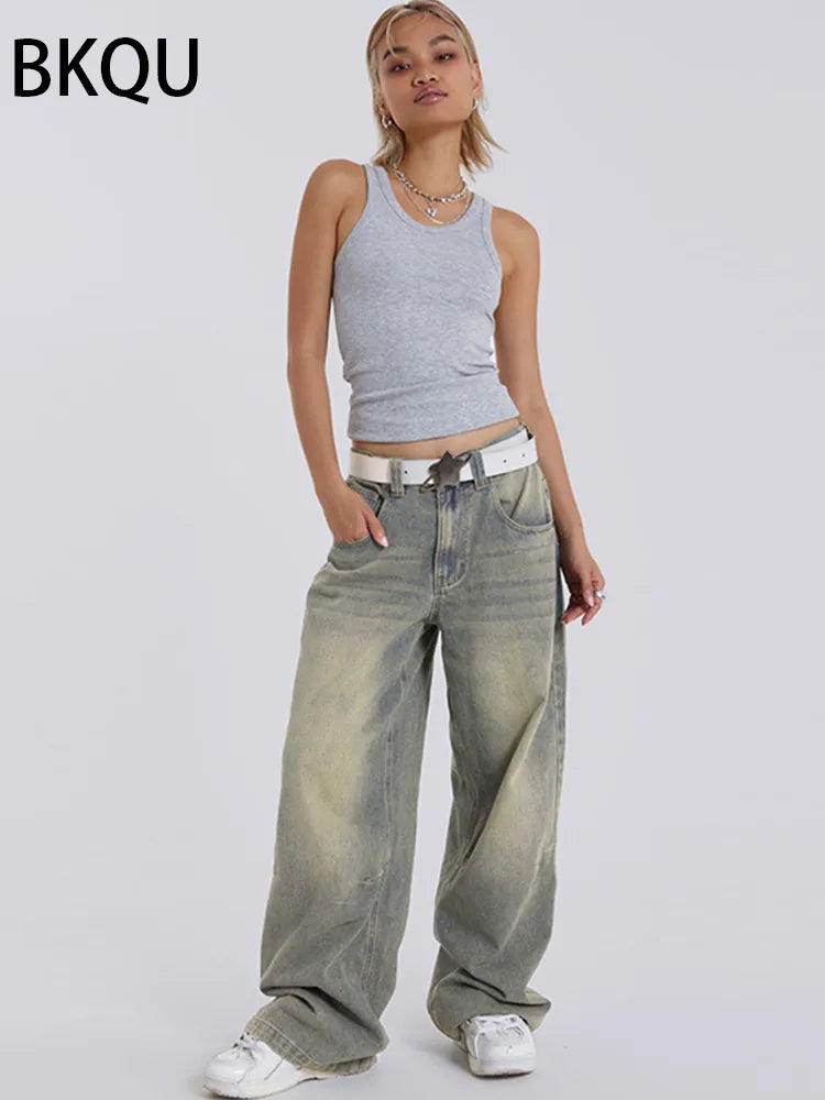 BKQU Harajuku Low Waist Jeans Women 2023 Streetwear Y2K Retro Wide Leg Straight All-match Loose Fashion Denim Trousers Vintage