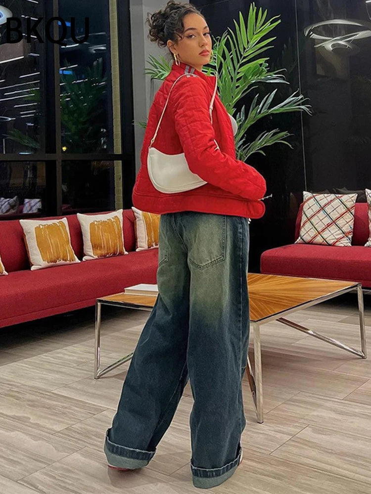 BKQU Harajuku Low Waist Jeans Women 2023 Streetwear Y2K Retro Wide Leg Straight All-match Loose Fashion Denim Trousers Vintage