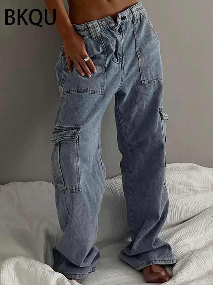 Jeans Leg Harajuku Fashion – Waist Y2K BKQU Women Retro Streetwear 2023 Low Wide AED